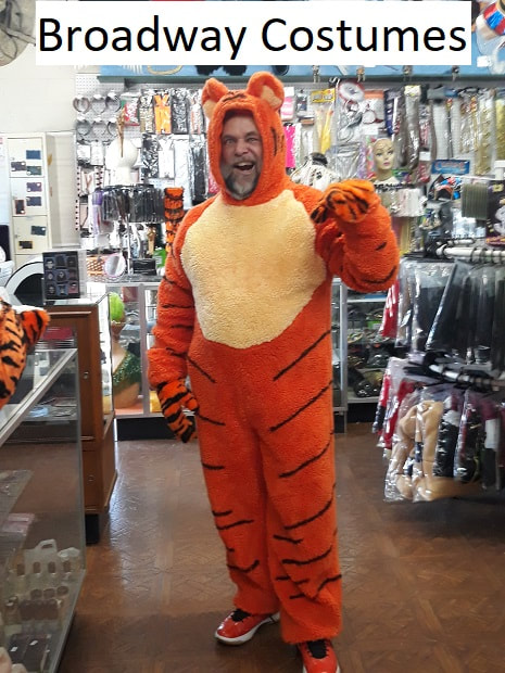 Picture of our tiger costume with the  open face hood